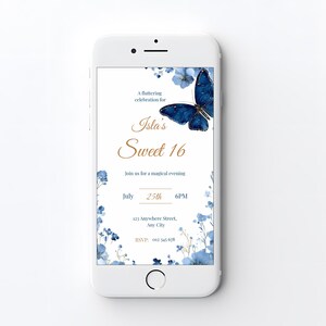 Royal blue butterfly Sweet 16 invitation displayed on smartphone screen, editable Canva template, modern watercolor floral design