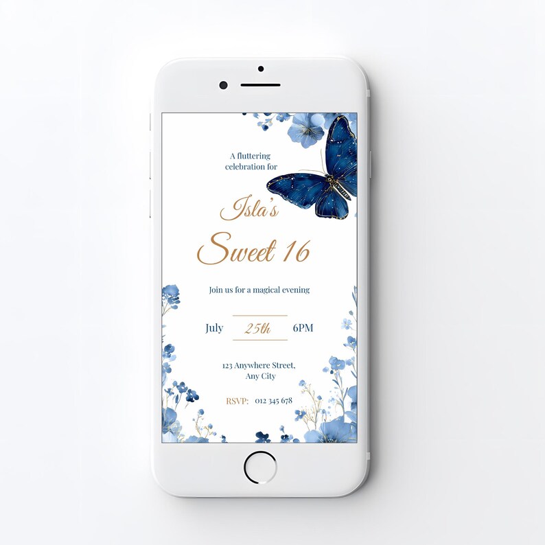 Royal blue butterfly Sweet 16 invitation displayed on smartphone screen, editable Canva template, modern watercolor floral design