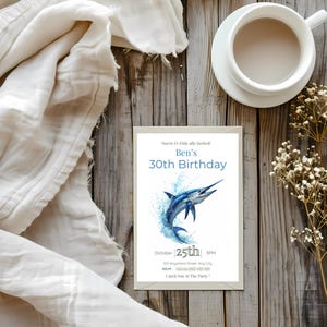 Fishing party invitation featuring jumping marlin, ocean birthday invite for 30th 40th or 50th celebration, editable template