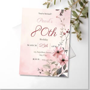 80th birthday invitation with envelope and eucalyptus leaves, pink floral printable invite, self edit or we edit template