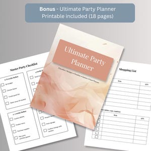 Free 18-page printable party planner bonus with checklist, budget, and shopping list pages