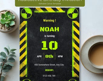 Radioactive Birthday Invitation, Neon Hazard Boys Party Invite, Editable Canva Template, Printable Invitation