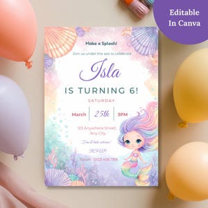Editable mermaid birthday invitation in Canva on a table with pastel balloons, featuring purple script name, teal "Is Turning 6" text and an under the sea watercolor border.