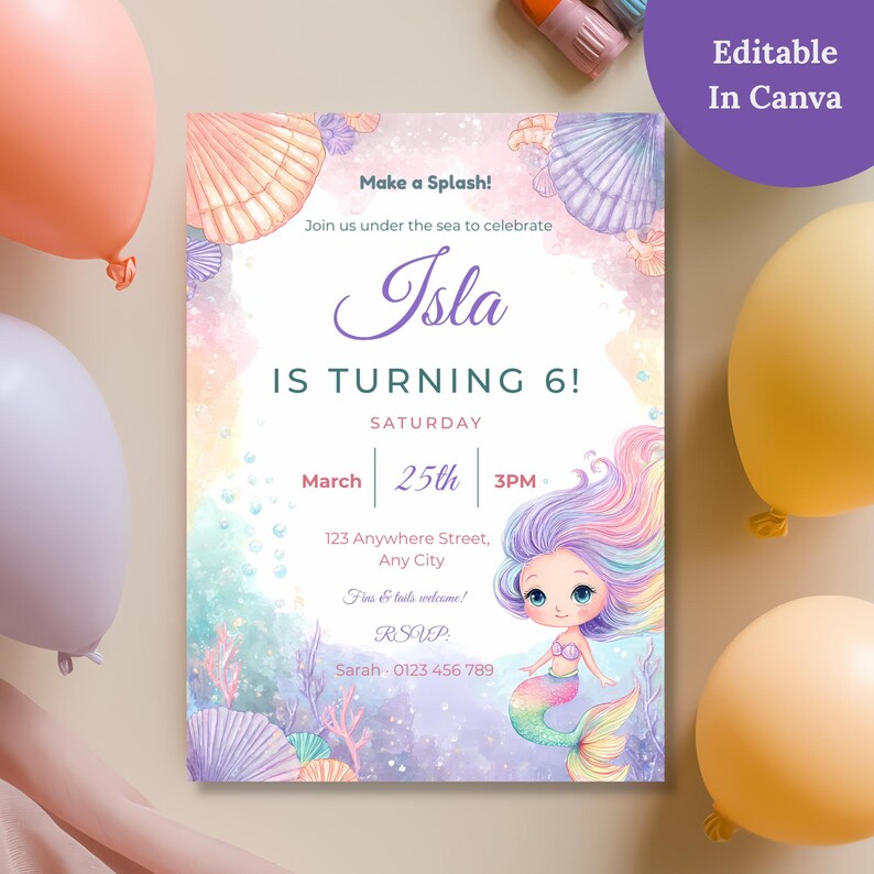 Editable mermaid birthday invitation in Canva on a table with pastel balloons, featuring purple script name, teal "Is Turning 6" text and an under the sea watercolor border.
