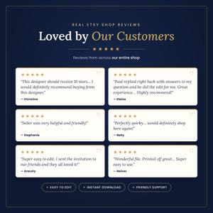 Real Etsy shop reviews from customers praising easy editing, instant download and friendly support for these editable invitation templates