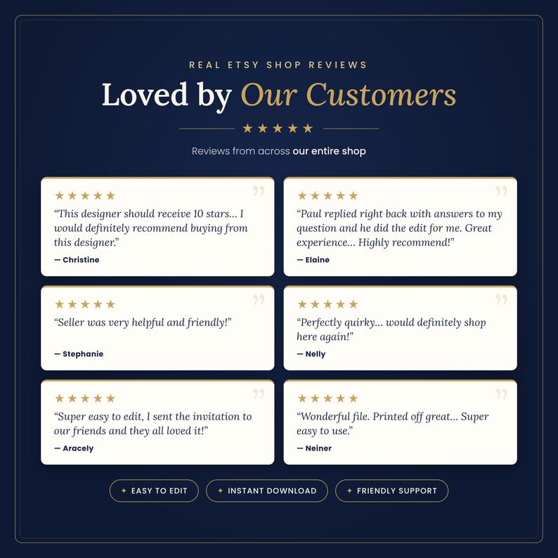 Real Etsy shop reviews from customers praising easy editing, instant download and friendly support for these editable invitation templates