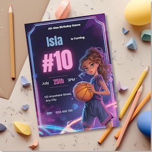 Editable basketball invitation template with clean layout and space for party details, easy to customise in Canva