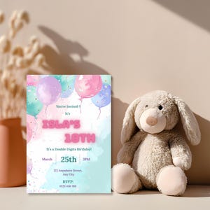 Pastel balloon 10th birthday invitation styled for a girl's double digits birthday party