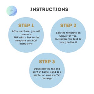 May include: Instructions graphic with three steps. Step 1: After purchase, receive a PDF with a link to the template and PDF instructions. Step 2: Edit the template on Canva for free. Customize the text. Step 3: Download and print.