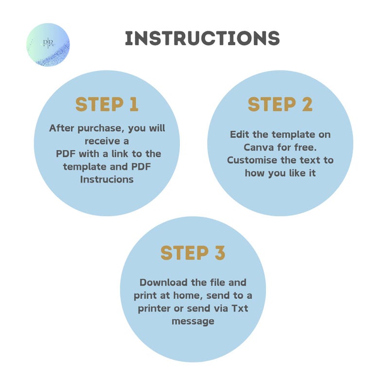 May include: Instructions graphic with three steps. Step 1: After purchase, receive a PDF with a link to the template and PDF instructions. Step 2: Edit the template on Canva for free. Customize the text. Step 3: Download and print.