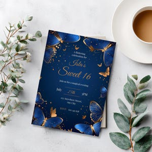 Elegant royal blue butterfly Sweet 16 invitation with gold accents