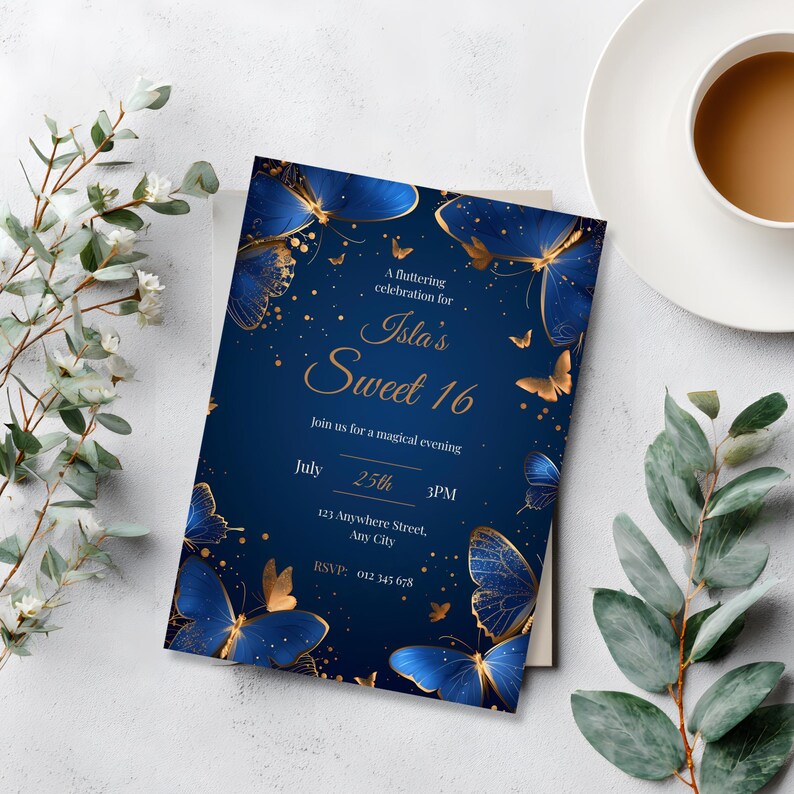 Elegant royal blue butterfly Sweet 16 invitation with gold accents