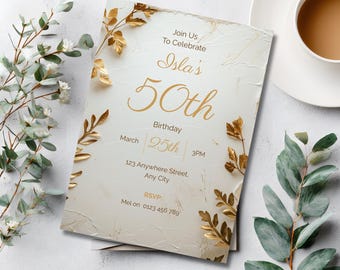 70th Birthday Invitation for Women | Floral Gold Birthday Invite | Cream Botanical Canva Template Printable