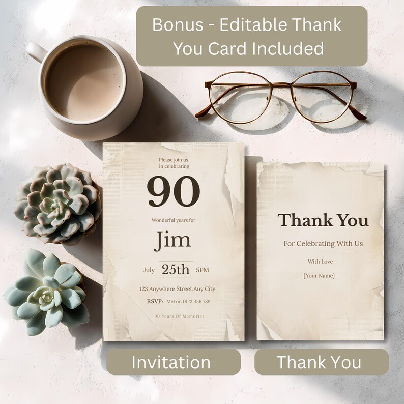 Matching 90th birthday invitation and thank you card template set, editable Canva designs with vintage newspaper style