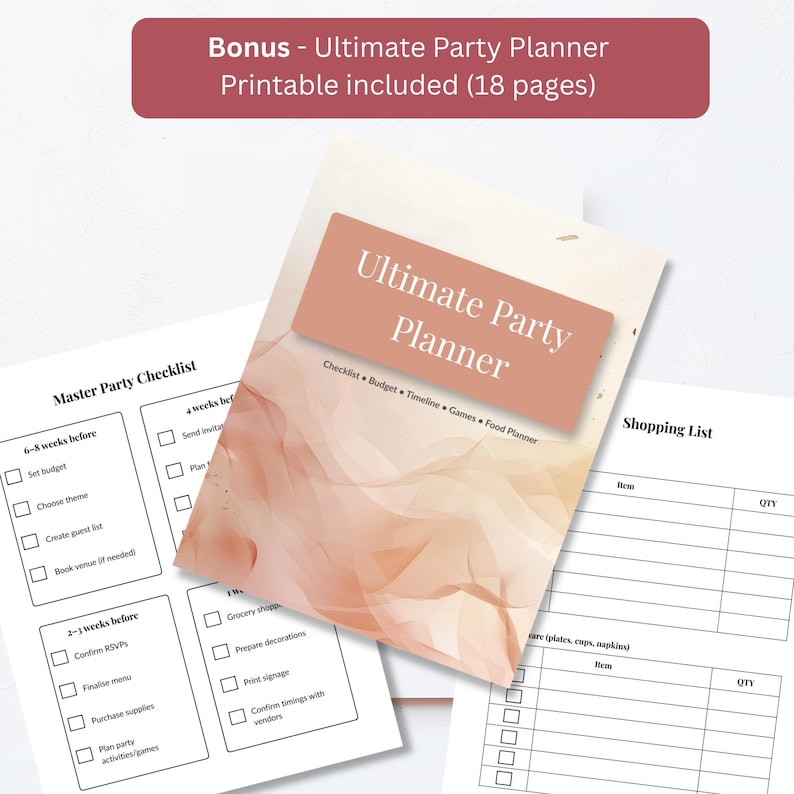 Free bonus 18-page printable party planner included with 80th birthday invitation template, checklist budget timeline and shopping list