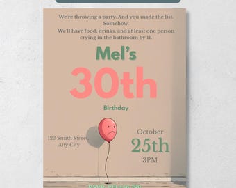 Funny Adult Birthday Invitation Template, Sarcastic Party Invite, Dry Humor Birthday, Editable Canva, Printable 5x7 + Mobile