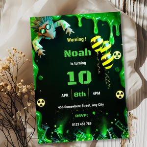 Mad scientist birthday invitation with glowing green toxic slime drips, radioactive warning symbols, and science laboratory elements