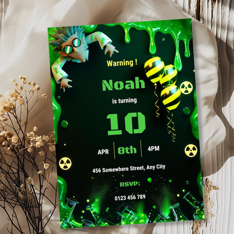 Mad scientist birthday invitation with glowing green toxic slime drips, radioactive warning symbols, and science laboratory elements