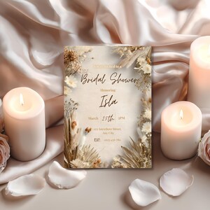Elegant minimalist boho bridal shower invitation with pampas grass accents, neutral tones, editable Canva template instant download