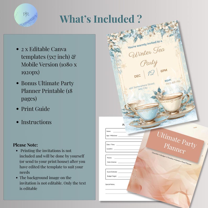 Infographic showing what's included with this editable winter tea party invitation: two Canva templates, mobile version, 18-page bonus party planner, and print guide.