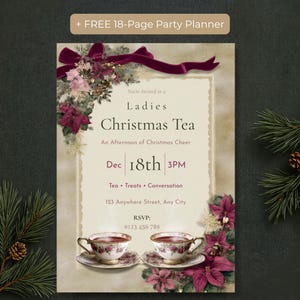 Ladies Christmas Tea Party invitation with free 18-page party planner bonus, styled on a dark pine and pinecone background