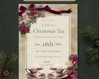 Ladies Christmas Tea Invitation, Women's Christmas Tea Party Invite, Editable Canva Template, Mobile Story Invite Included