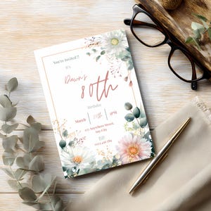 Floral 80th birthday invitation template with soft botanical watercolor flowers and elegant pastel design, editable Canva invitation