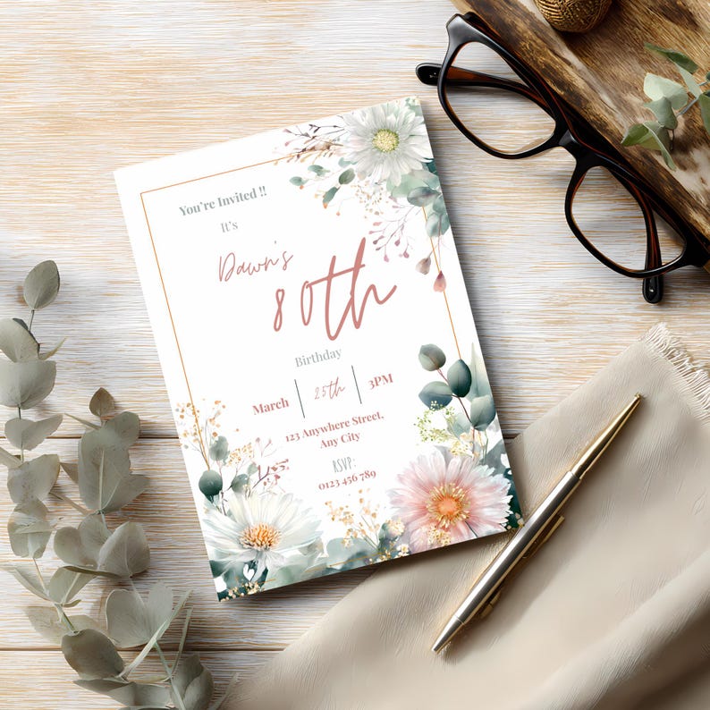 Floral 80th birthday invitation template with soft botanical watercolor flowers and elegant pastel design, editable Canva invitation