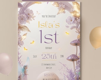Invito per il primo compleanno a tema fata, invito per il primo compleanno a tema fata con funghi viola, modello Canva modificabile, stampabile per festa a tema fata incantata 5x7