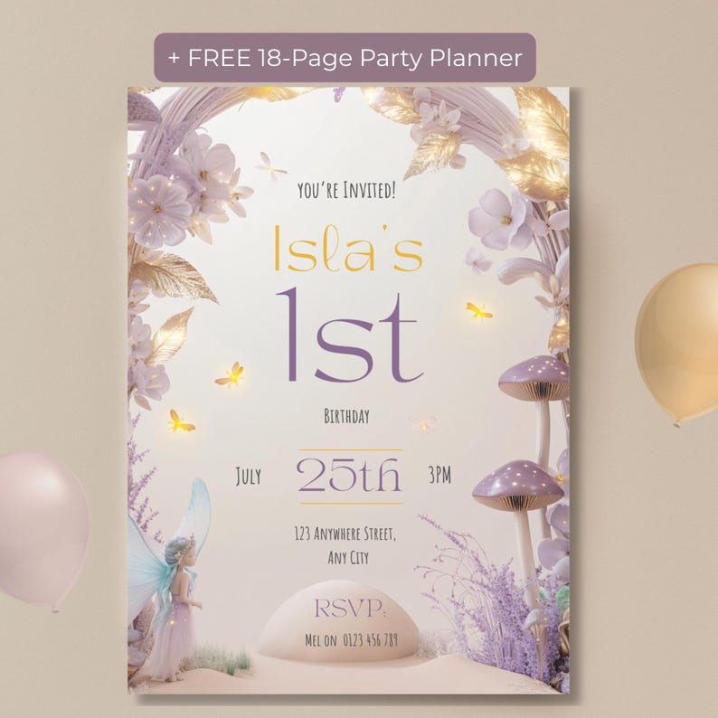 Fairy first birthday invitation editable Canva template with purple mushrooms floral arch and fairy featuring free 18 page party planner bonus displayed on beige background with balloons