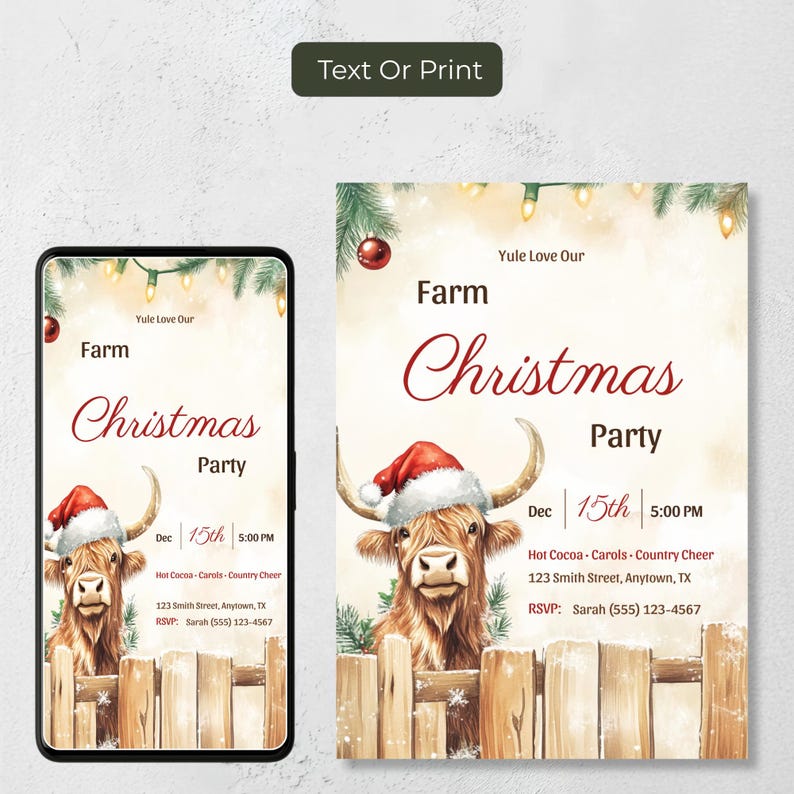 Highland cow Christmas invitation shown as a phone evite and a 5x7 printable card, so you can text it to guests or print it