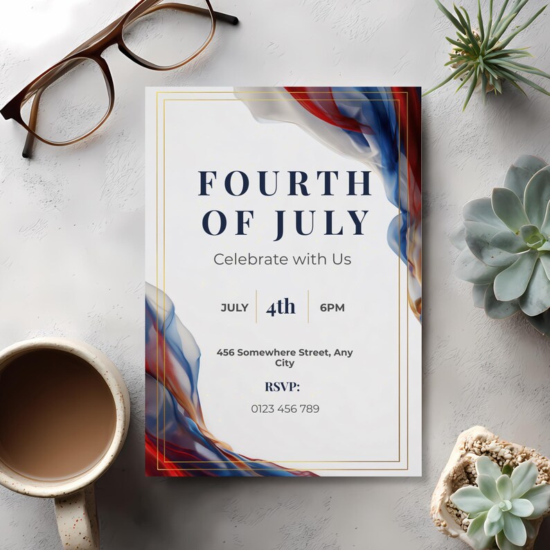 Modern Americana Independence Day invitation template featuring clean white space, luxury gold frame, and soft abstract patriotic elements
