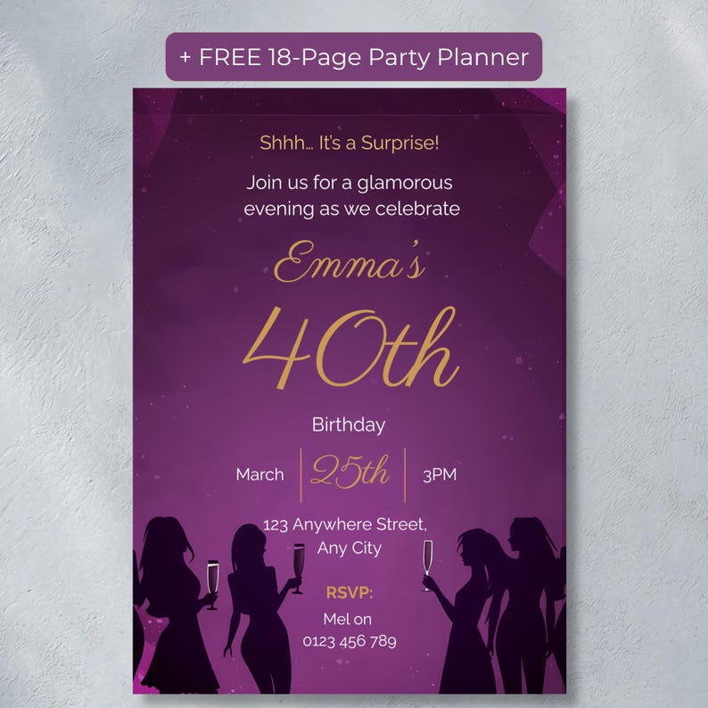 Surprise party invitation template purple gold editable Canva birthday invite for women 30th 40th 50th 60th milestone