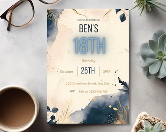 18th Birthday Invitation, Modern Navy Birthday Invite, Editable Canva Template, Elegant Cream Party Invite