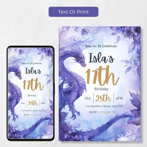 text or print: purple dragon birthday invitation shown as a 1080x1920 phone evite and a printed 5x7 card, editable Canva template
