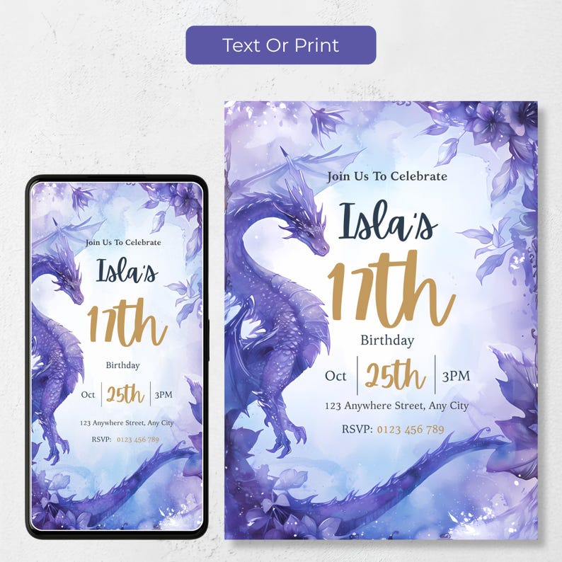 text or print: purple dragon birthday invitation shown as a 1080x1920 phone evite and a printed 5x7 card, editable Canva template