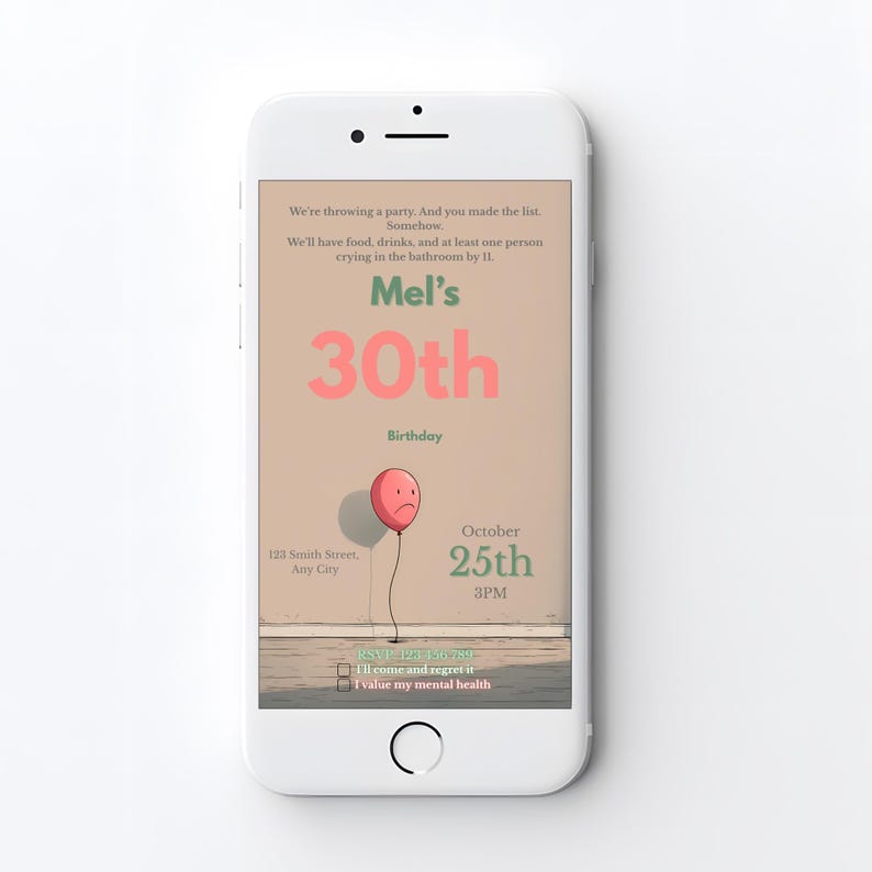 Mobile version of funny birthday invitation template, 1080x1920 size, sarcastic dry humor design for digital sharing via phone