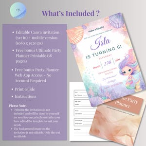 What's included: editable 5x7 Canva mermaid invitation, 1080x1920 mobile version, free bonus 18-page printable party planner, free party planner web app, print guide and instructions.