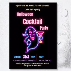 Halloween cocktail party invitation neon ghost martini Canva template adult funny sassy October 31 boozy bash digital printable invite