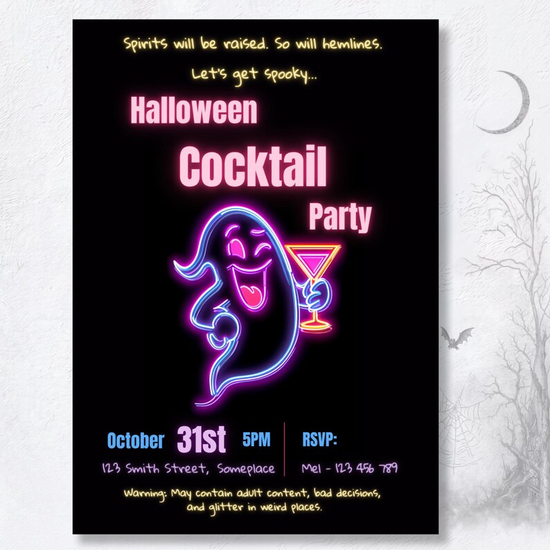 Halloween cocktail party invitation neon ghost martini Canva template adult funny sassy October 31 boozy bash digital printable invite