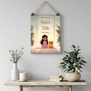 Puppy yoga birthday welcome sign displayed as a wall-mounted party decoration featuring a pastel illustration of a girl doing yoga on a mat beside a fluffy puppy