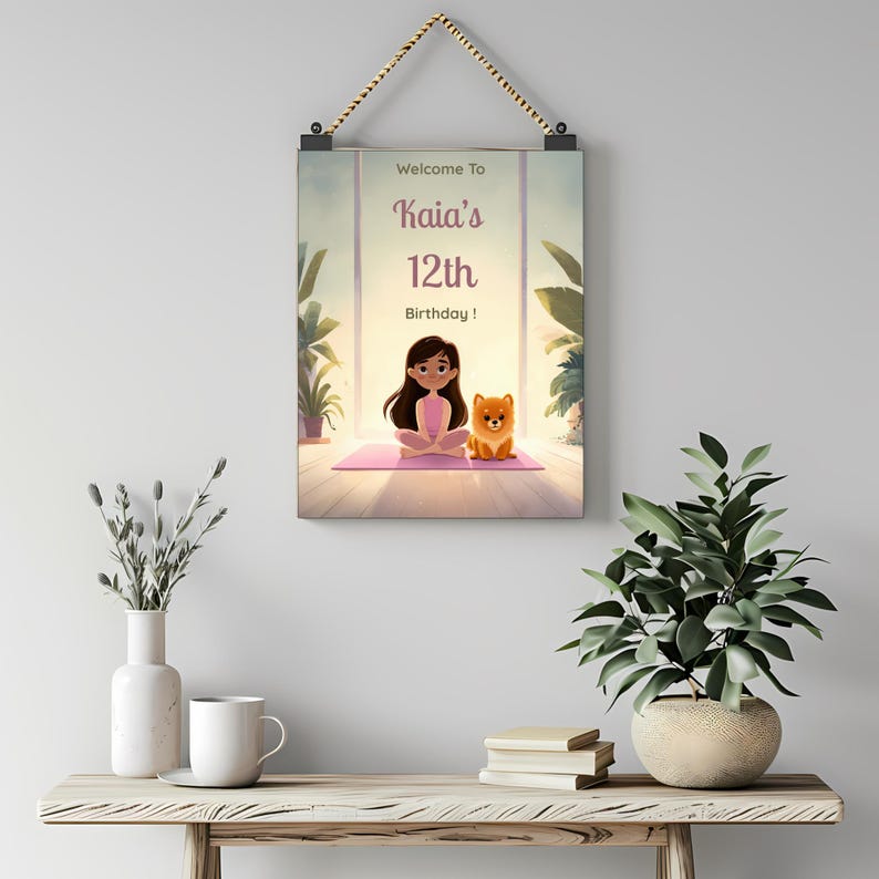 Puppy yoga birthday welcome sign displayed as a wall-mounted party decoration featuring a pastel illustration of a girl doing yoga on a mat beside a fluffy puppy
