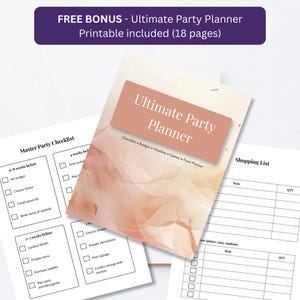 Free bonus 18-page printable party planner with checklist, budget tracker, and timeline