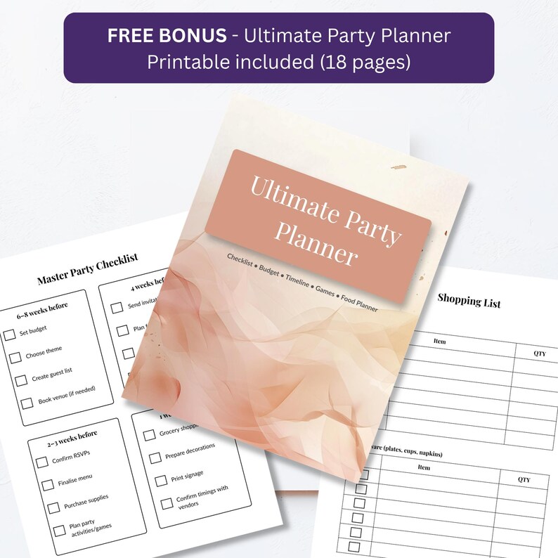Free bonus 18-page printable party planner with checklist, budget tracker, and timeline