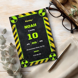 Radioactive birthday invitation displayed as a full design layout with industrial hazard theme, neon warning accents, and structured event details for a boys birthday party