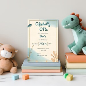 Ofishally One first birthday invitation template with neutral coastal beach and fishing theme editable in Canva