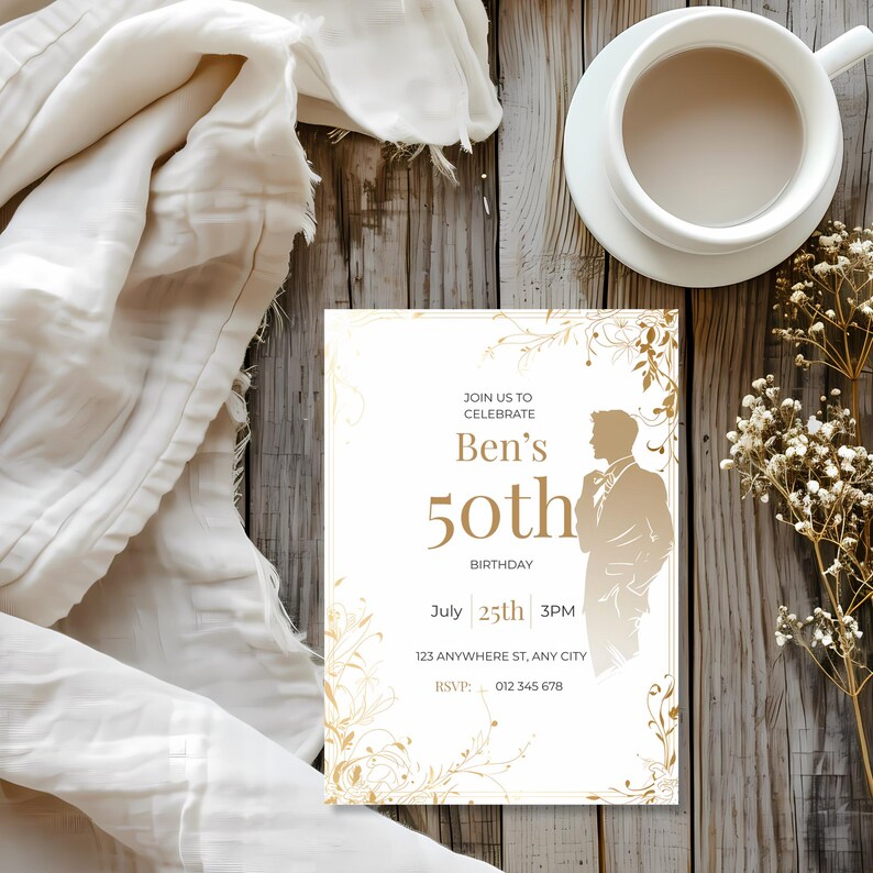 Minimalist mens birthday invitation template with gold gradient male silhouette and decorative floral corner accents.