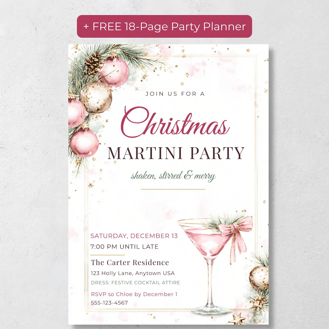 Blush pink watercolor Christmas party invitation with satin bow and gold baubles