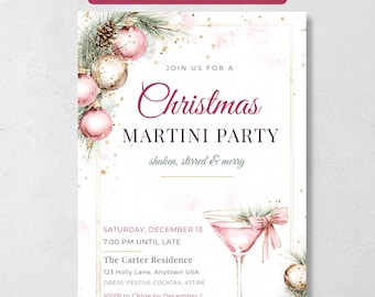 Christmas Martini Party Invitation, Pink Christmas Cocktail Party Invite, Friendsmas Evite, Editable Canva Template + Free Party Planner