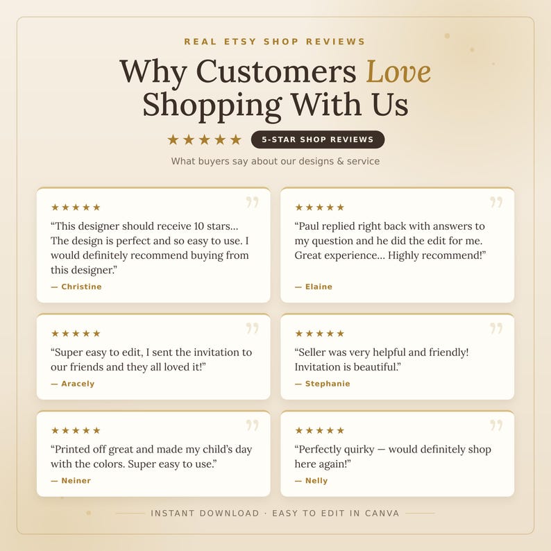 Real Etsy shop reviews praising easy editing, beautiful invitation designs and helpful service, with five-star ratings